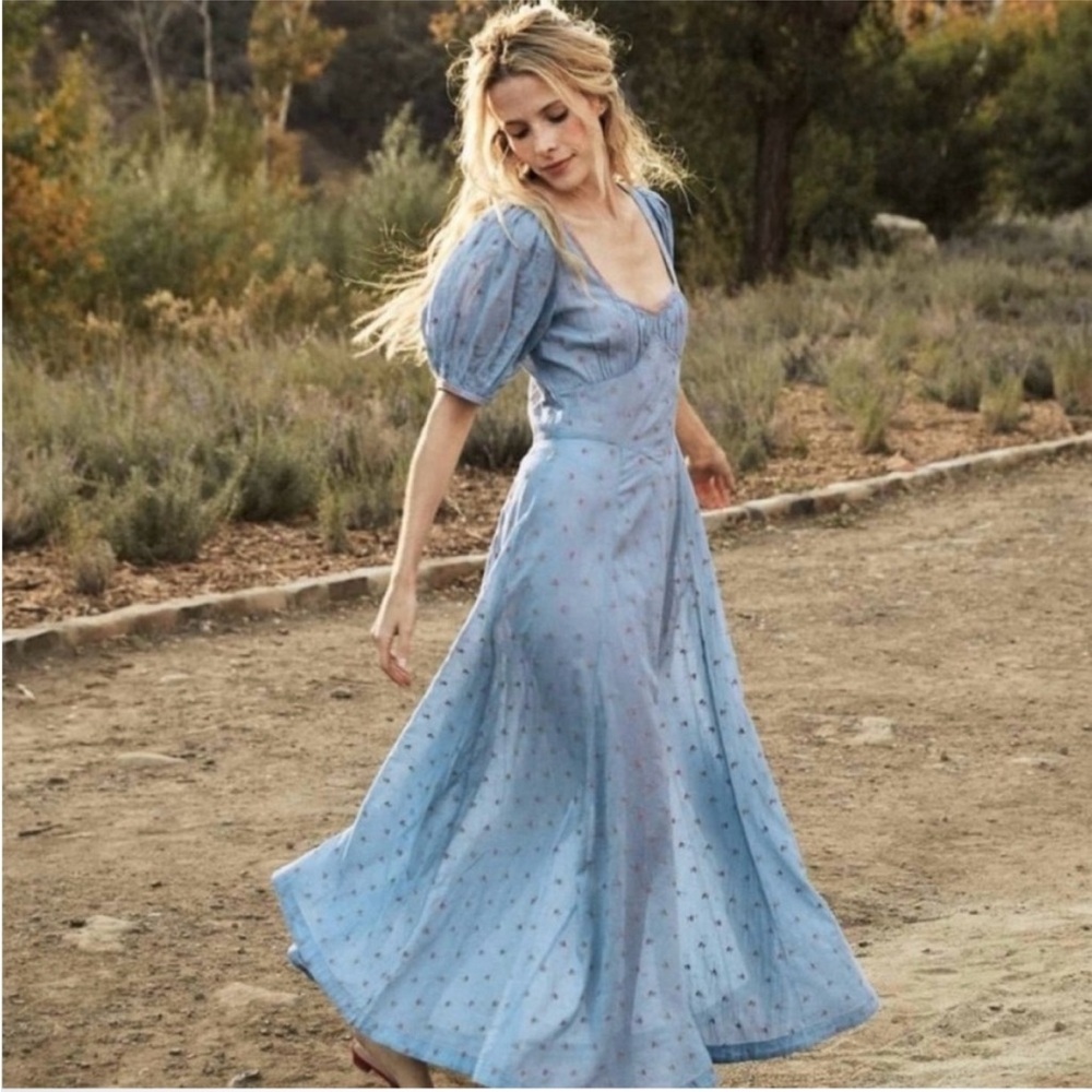 Tetra Light Blue Maxi Dress with Puff Sleeves